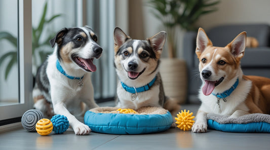 Happy dog and cat playing with interactive and durable pet toys, promoting physical and mental fitness.