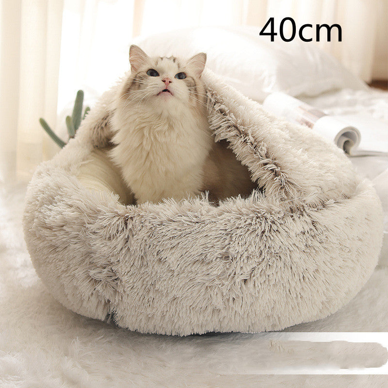 Small dog and kitten snuggled in a round brown plush Cozy Cat Dog Bed showcasing warmth, comfort, and cozy design with soft material and raised edges 40 cm