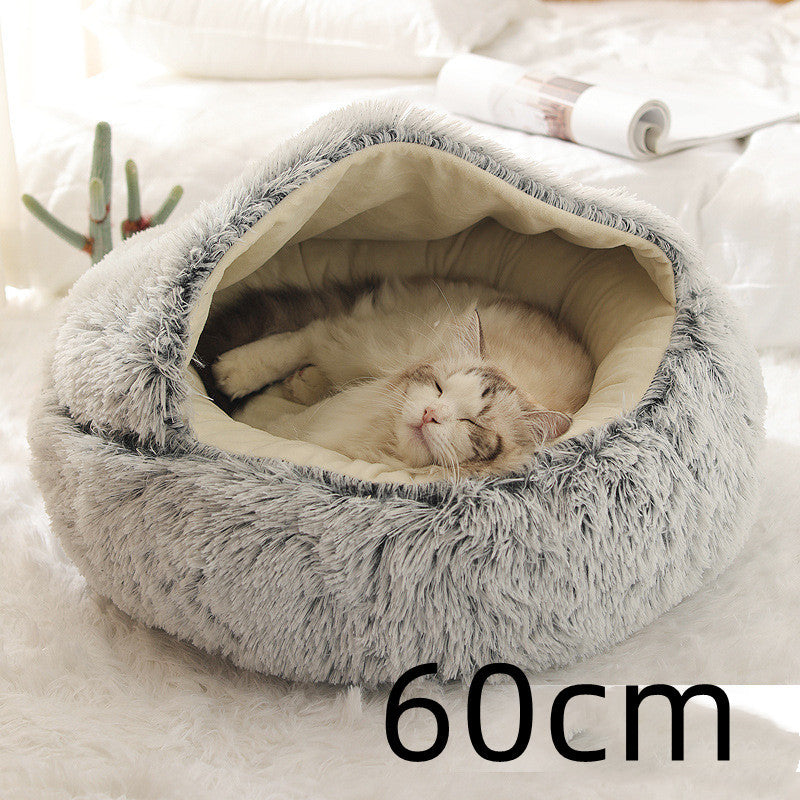 Small dog and kitten snuggled in a round gray plush Cozy Cat Dog Bed showcasing warmth, comfort, and cozy design with soft material and raised edges gray 60 cm