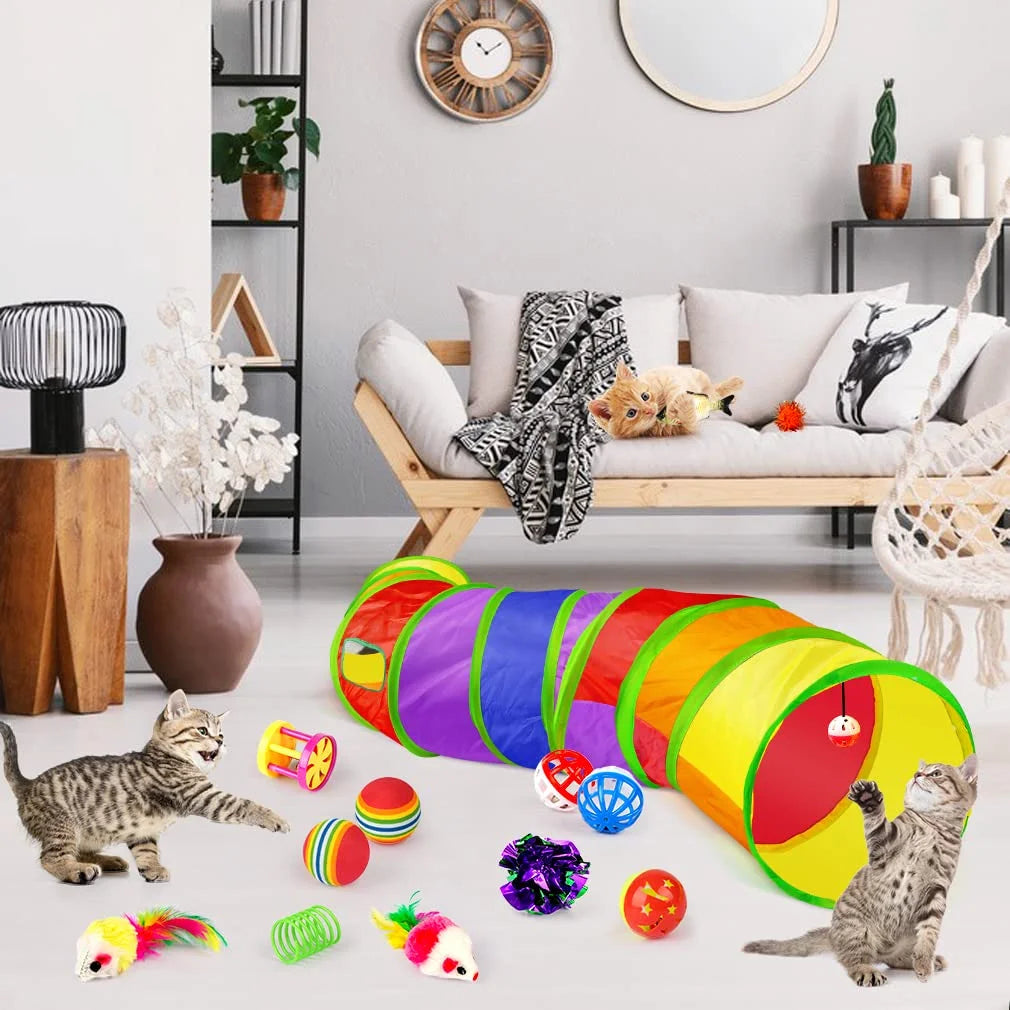 Colorful pet tunnel with toys in a living room setting