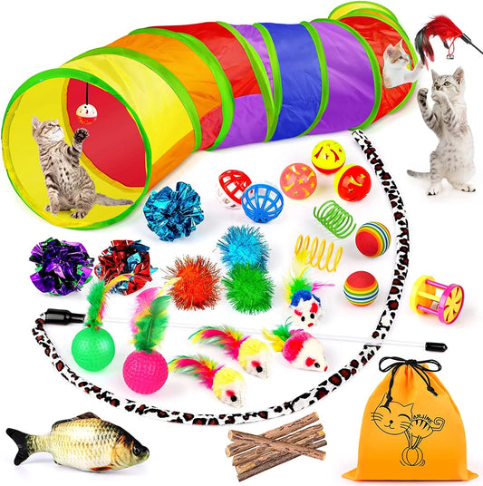 32-pc cat toys kit - assorted colorful tunnel, balls, and interactive toys on white background