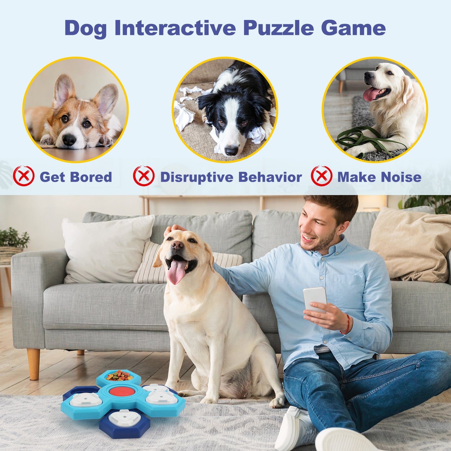 Dog using 4-layer slow feeder bowl for enrichment and slow eating also a dog toy