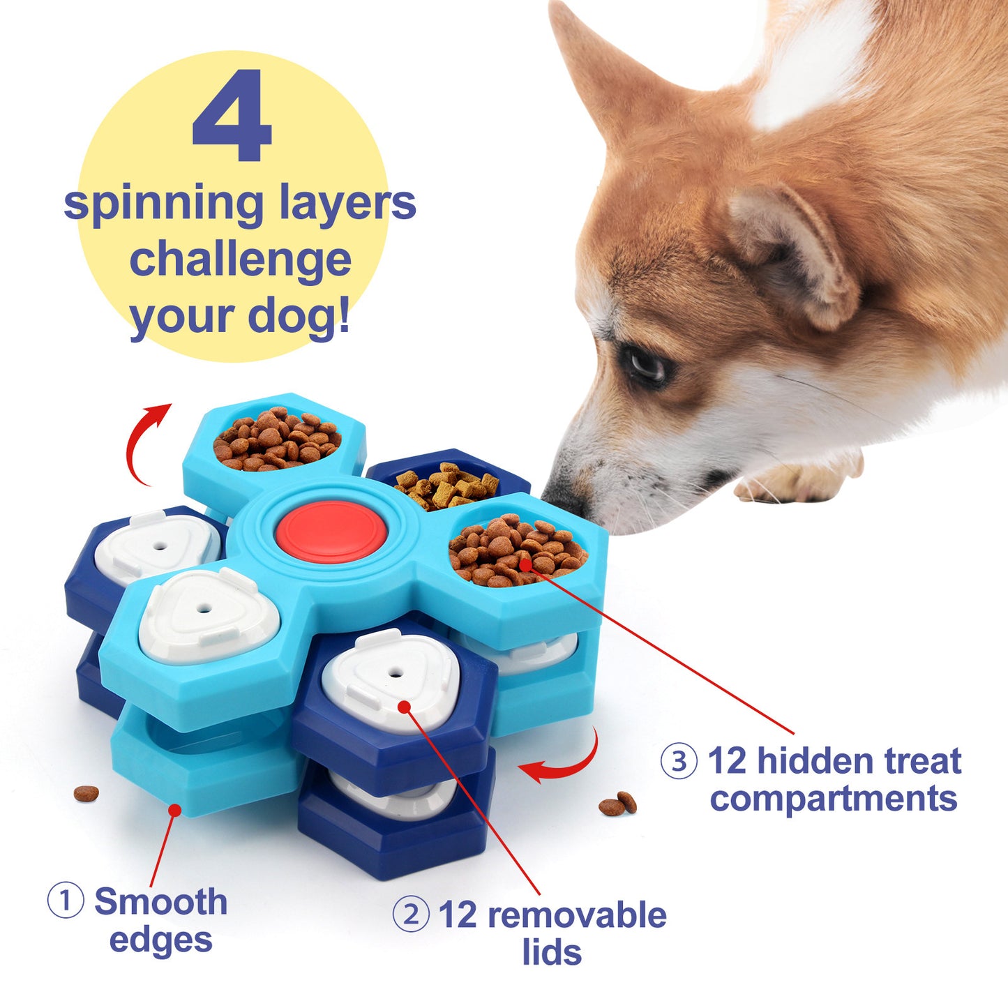 Dog using 4-layer slow feeder bowl for enrichment and slow eating design