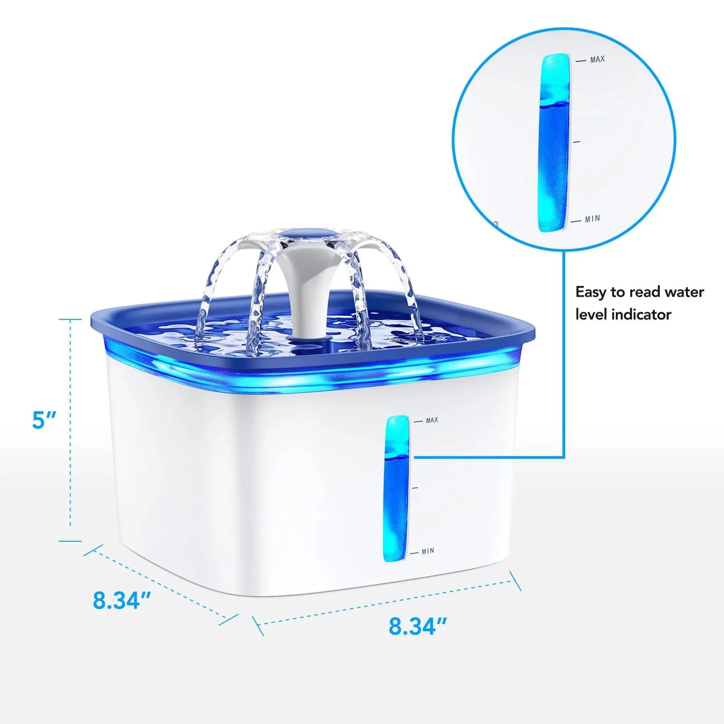 Pet water fountain with water level indicator and dimensions on a white background