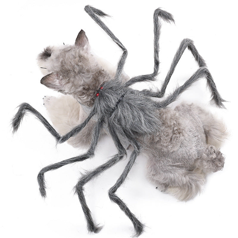 Dog toy shaped like a spider with gray legs and fluffy body on a white background