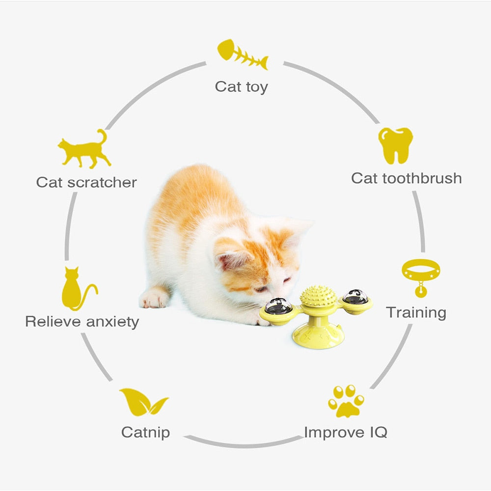 Cat windmill toy with suction base, catnip, and LED ball for interactive play and stress relief benefits