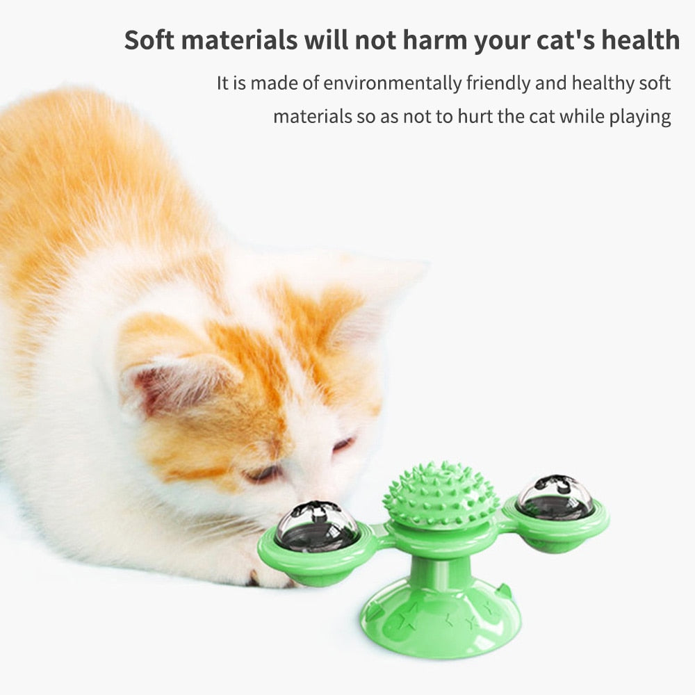 Cat windmill toy with suction base, catnip, and LED ball for interactive play and stress relief soft materials