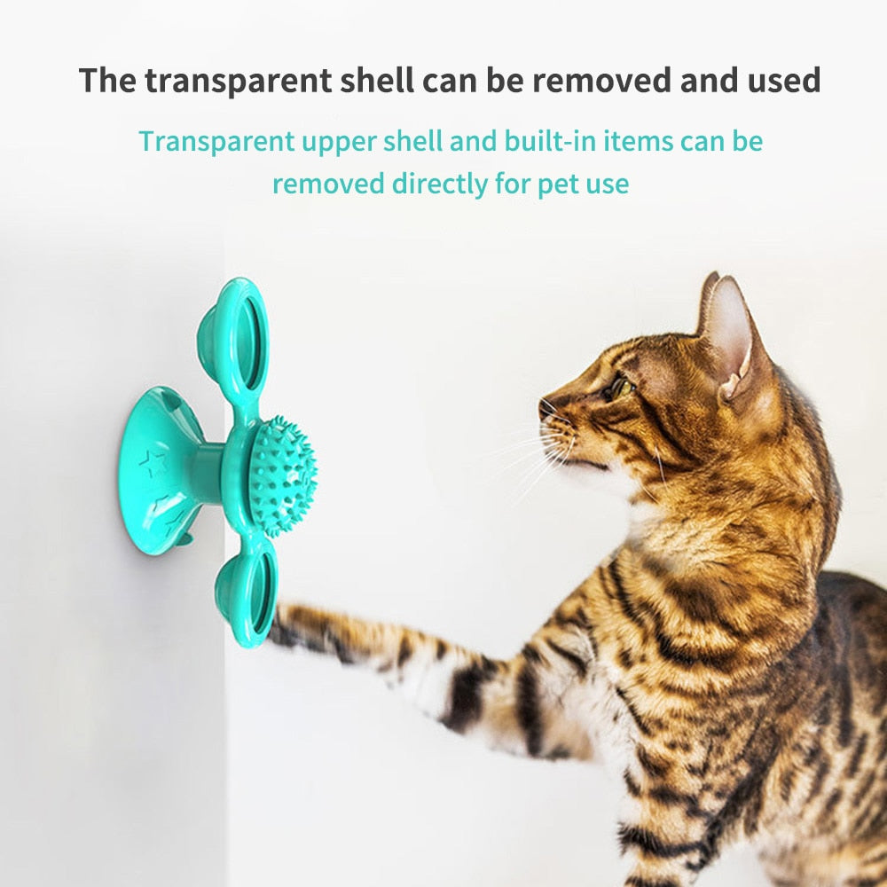 Cat windmill toy with suction base, catnip, and LED ball for interactive play and stress relief transparent shell
