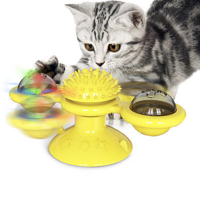 Cat windmill toy with suction base, catnip, and LED ball for interactive play and stress relief yellow variant