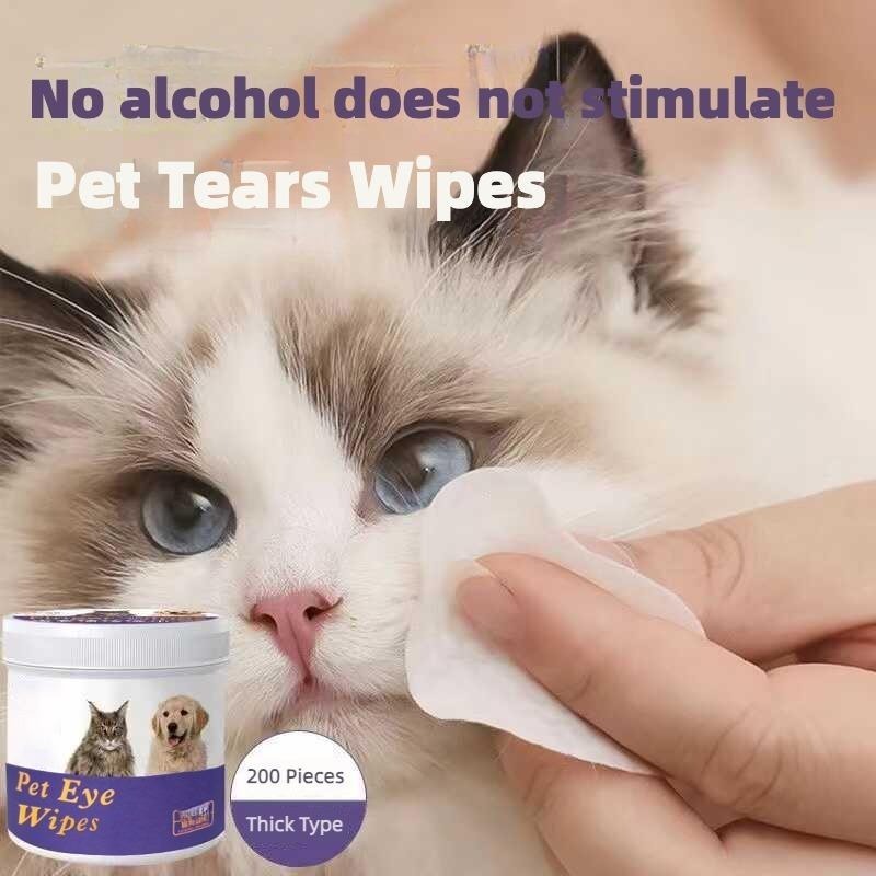 A cat being gently cleaned with Pet Eye Wipes, showing the effective cleaning of tear stains and eye discharge.