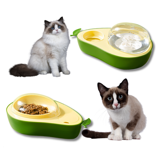 Avocado-shaped Cat Feeder Bowl with cats and food on a white background