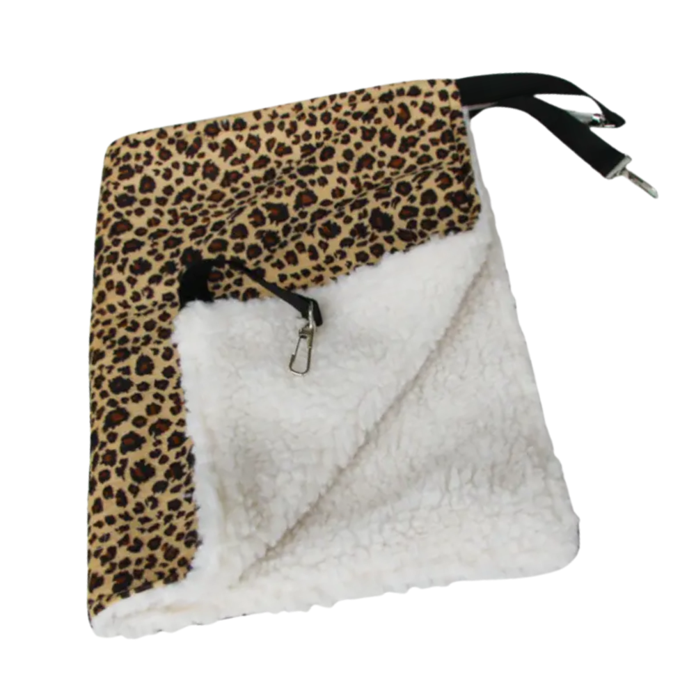 Leopard print bag with white interior on a white background
