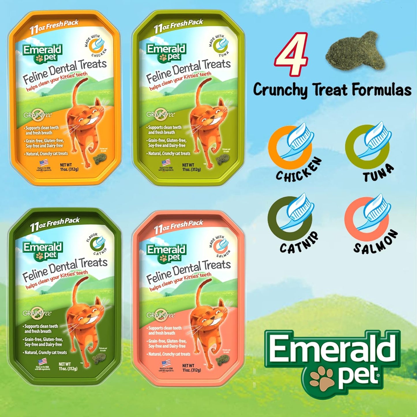 Four packages of Emerald Pet Feline Dental Treats with a cat illustration on a scenic background.