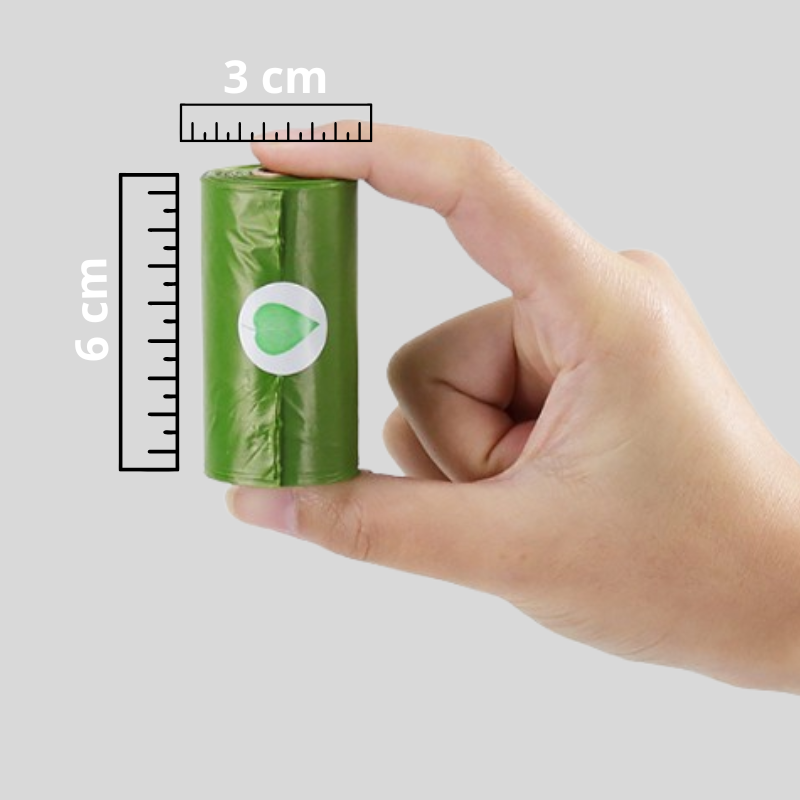 Dimensions of a Biodegradable Pet Waste Bags roll displayed clearly, highlighting its compact size and portability