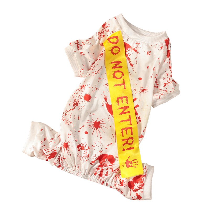 Baby romper with red splatter design and yellow 'DO NOT ENTER!' ribbon on a white background