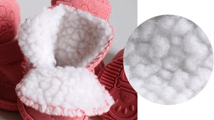 Interior view of pink winter dog boots showing soft velvet material for comfort and warmth. Ideal for keeping paws cozy during cold weather.