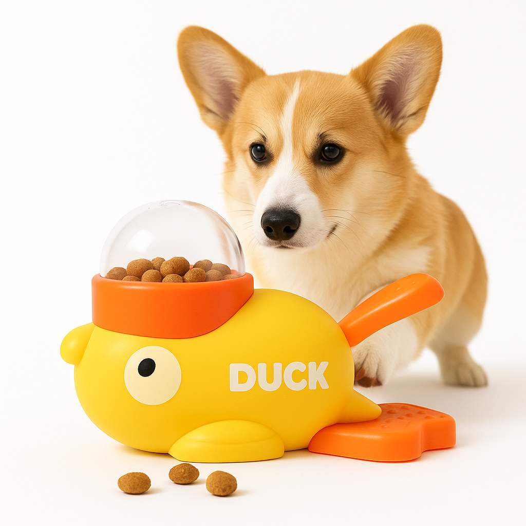 Dog with a yellow Dog Treat Dispenser toy labeled 'DUCK' on a white background
