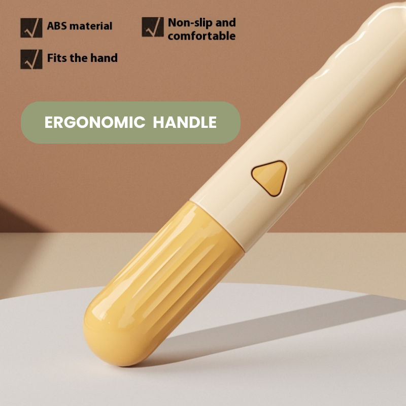 Yellow and beige ergonomic handle with text highlighting features on a brown background