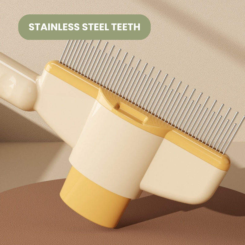 Pet grooming comb with stainless steel teeth on a beige background