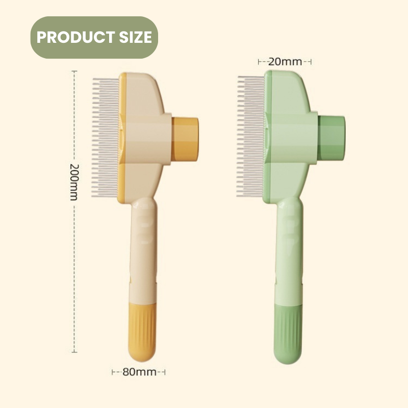 Two pet grooming brushes with measurements on a beige background