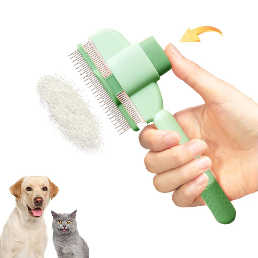 Green pet grooming brush held by a hand with a dog and cat illustration on a white background