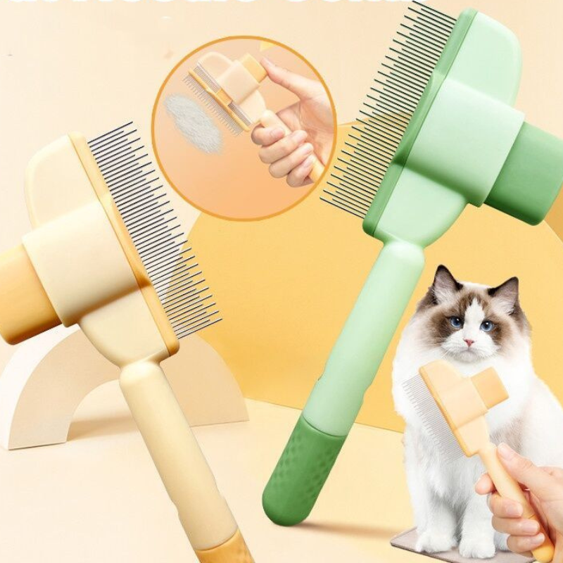 Two pet grooming brushes, one beige and one green, with a close-up of a hand holding a brush and a cat sitting next to a brush.