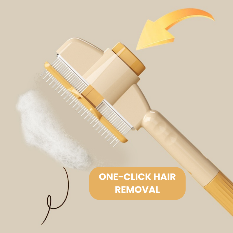 Pet grooming brush with one-click hair removal feature on a beige background