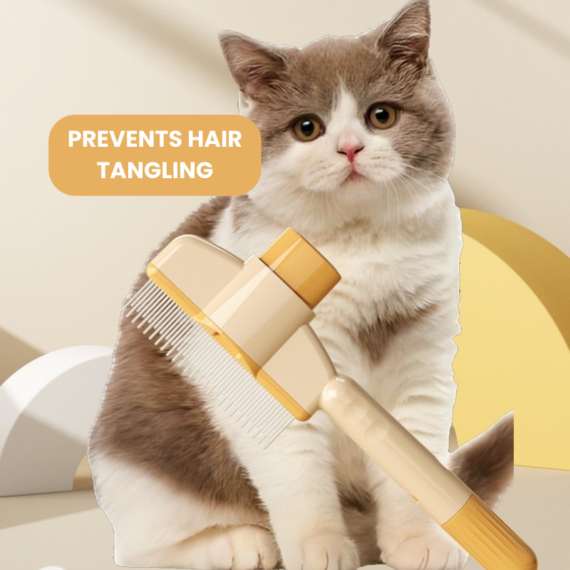 Cat with a grooming brush, indicating it prevents hair tangling.