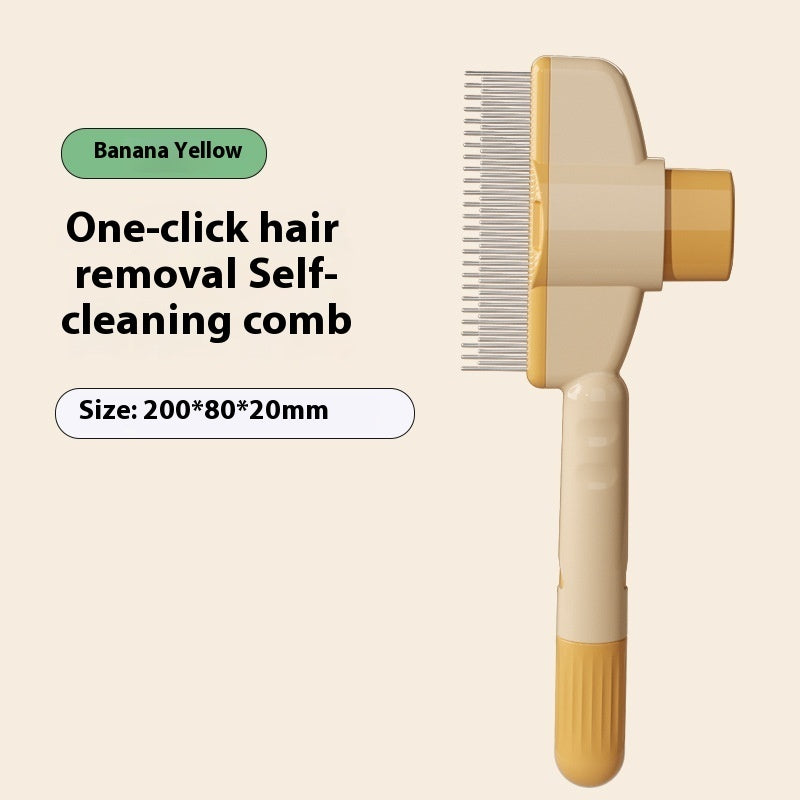 One-click hair removal self-cleaning comb with banana yellow handle on a beige background