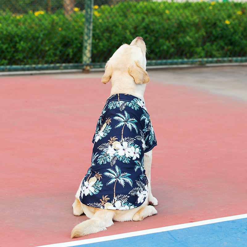 Navy blue Hawaiian Pet Shirt for Dogs and Cats featuring tropical patterns. Ideal for summer fun and a comfy fit for your pet dog with back view