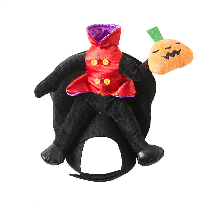 Dog toy dressed as a black cat with a red jacket and pumpkin, on a white background
