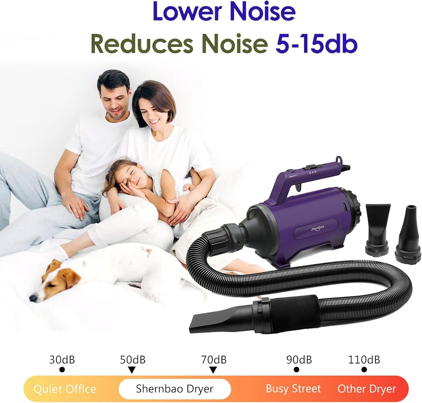 Purple dryer with noise reduction feature displayed on a white background