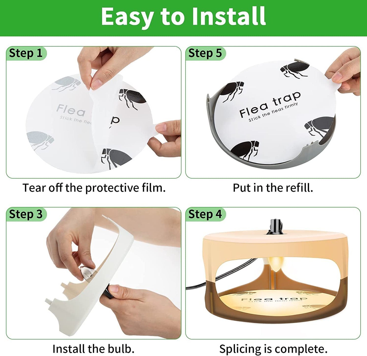Step-by-step guide on how to install a flea trap with text and images.