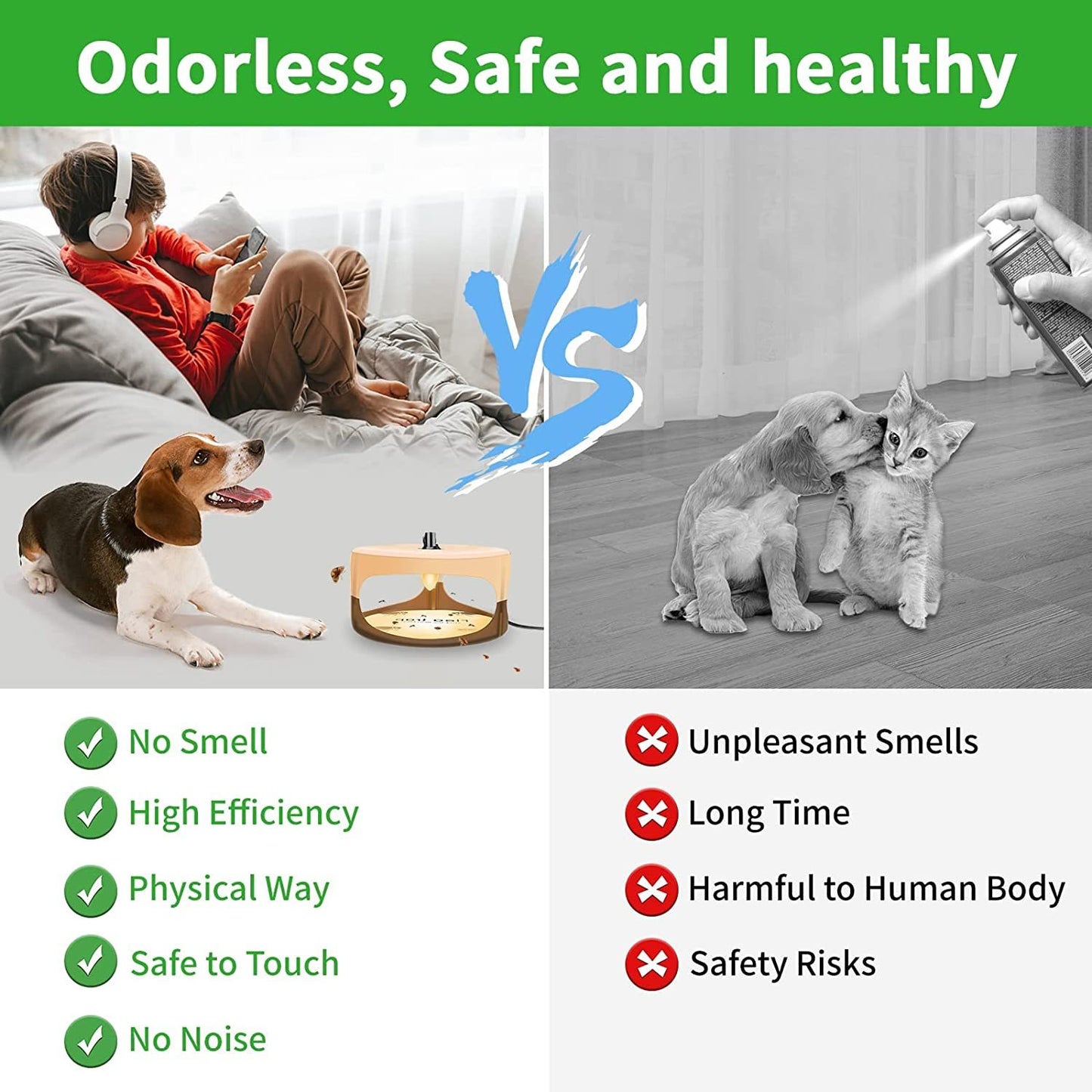 Comparison of odorless, safe, and healthy product use with pets on a couch and floor.