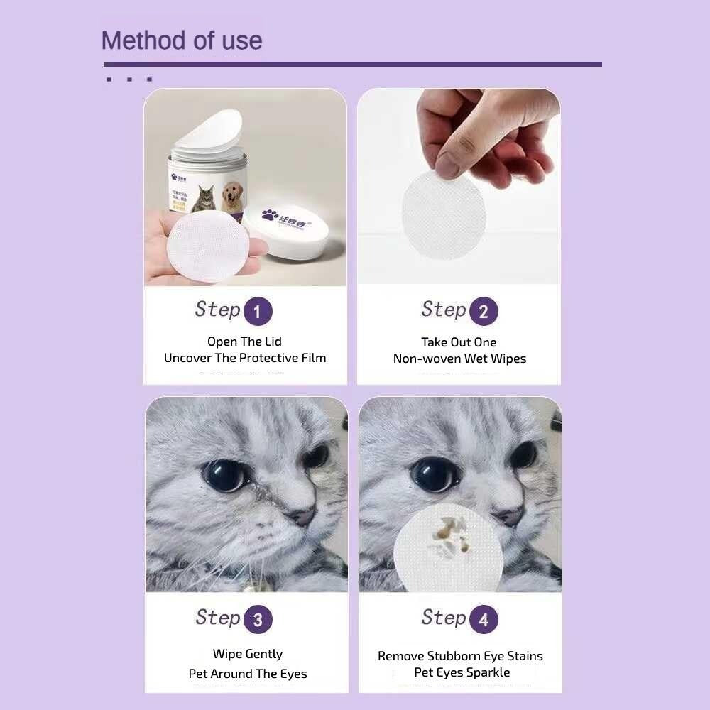 Step-by-step guide showing how to use the Pet Eye Wipes for cleaning tear stains and soothing eye irritation effectively.