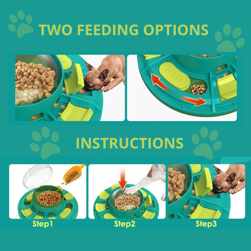 Pet toy with food compartments and instructions on a teal background