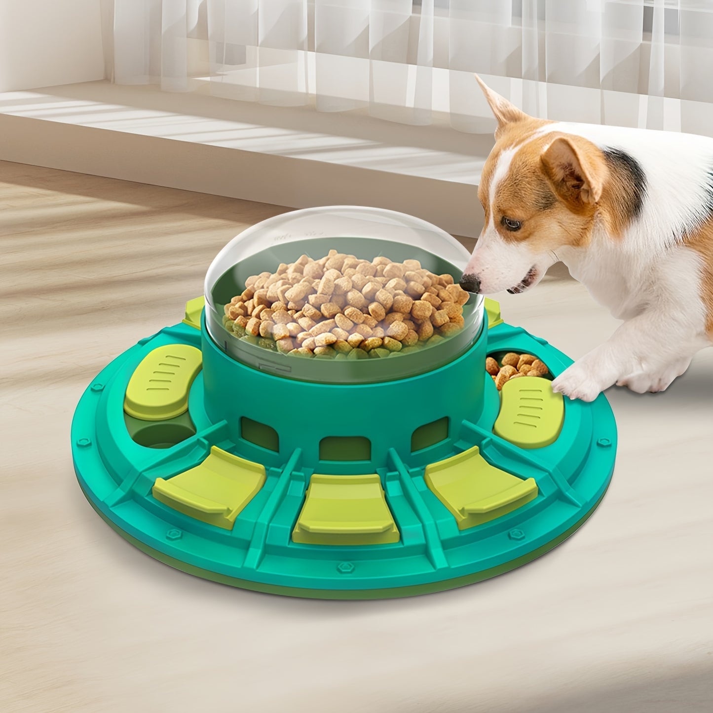Dog interacting with a green and teal puzzle toy on a light-colored floor.