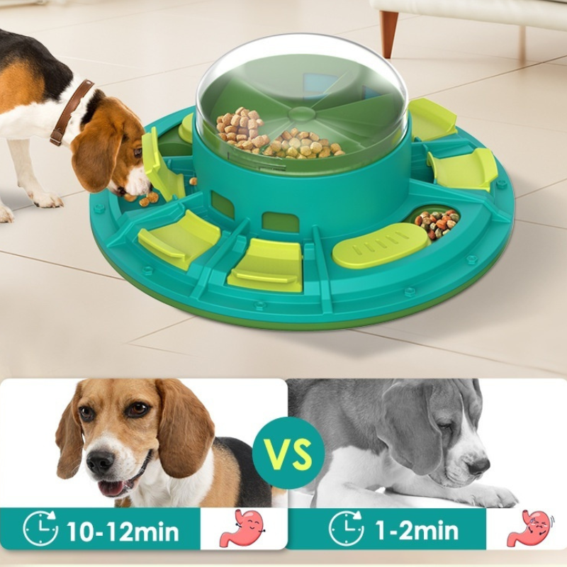 Dog puzzle toy with food rewards, dogs around it, and time comparison on a tiled floor.