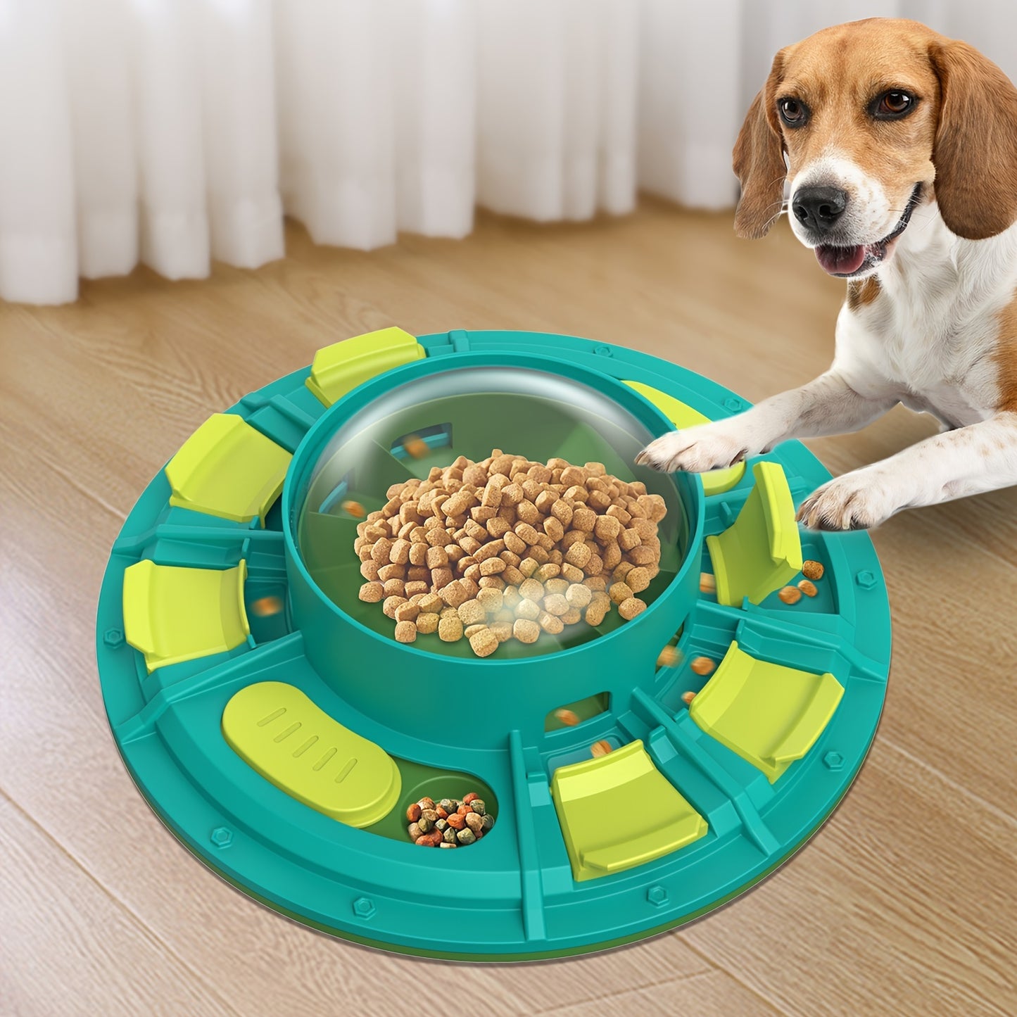 Dog interacting with a green and yellow puzzle toy on a wooden floor.