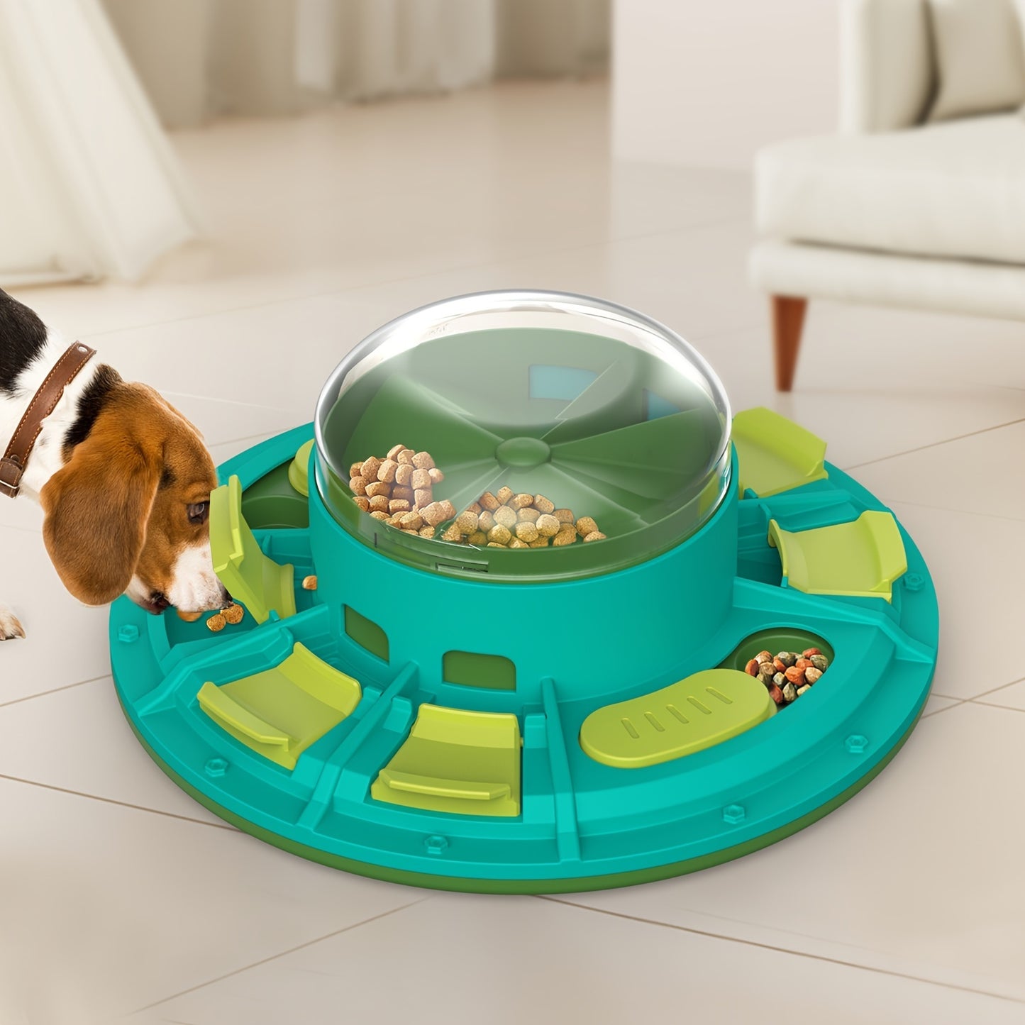 Dog interacting with a green and teal puzzle toy on a light wood floor.