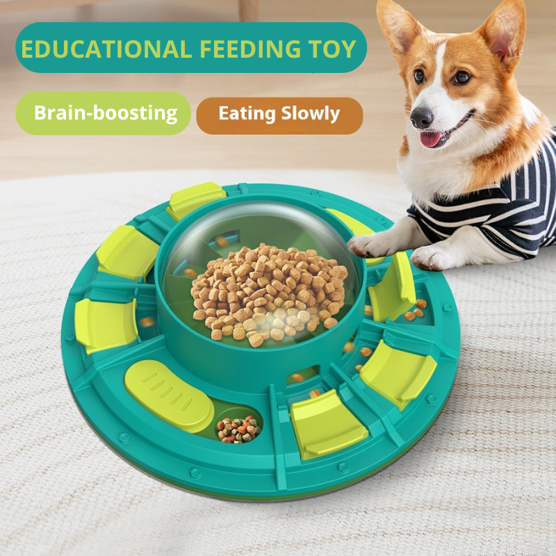 Dog playing with an educational feeding toy designed to encourage slow eating.