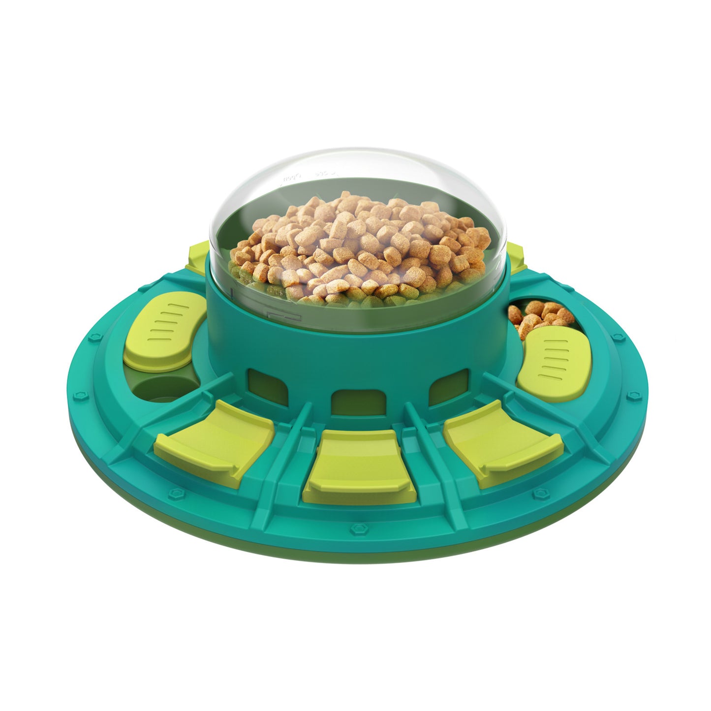 Pet puzzle toy with food inside on a white background