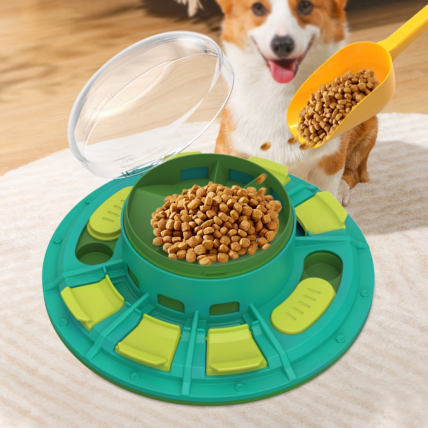 Pet puzzle toy with food dispenser and a dog interacting with it.