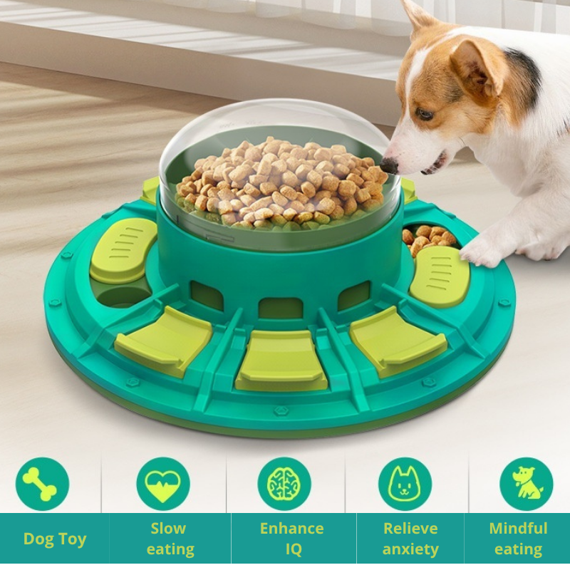 Dog toy with food dispenser and a dog interacting with it