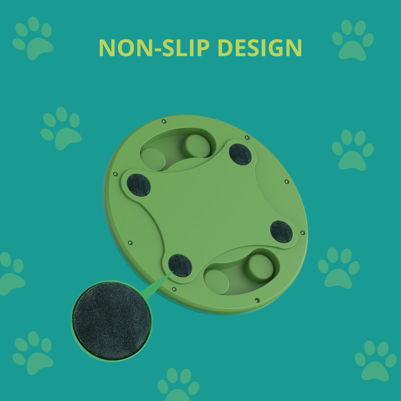 Green pet toy with non-slip design on a teal background with paw prints