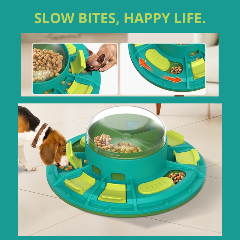 Pet toy with food compartments and text 'Slow Bites, Happy Life' on a teal background