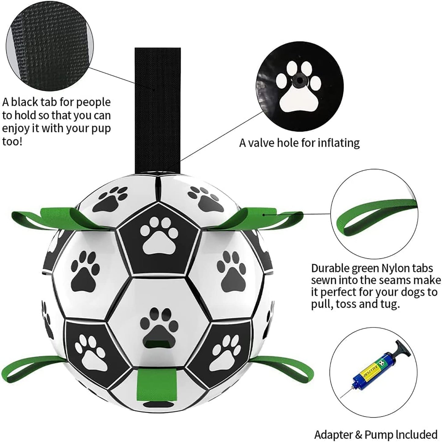 interactive dog soccer ball toy-shaped pet toy with paw prints, green tabs, and valve hole on a white background.