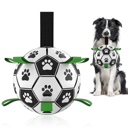 Dog toy resembling an interactive dog soccer ball toy with paw prints and a dog holding another similar toy.