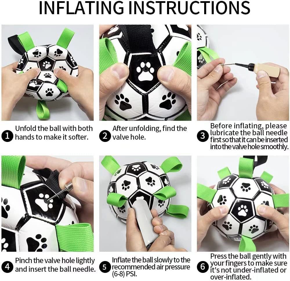Step-by-step instructions for inflating an interactive dog soccer ball toy with paw prints, showing hands performing each action.