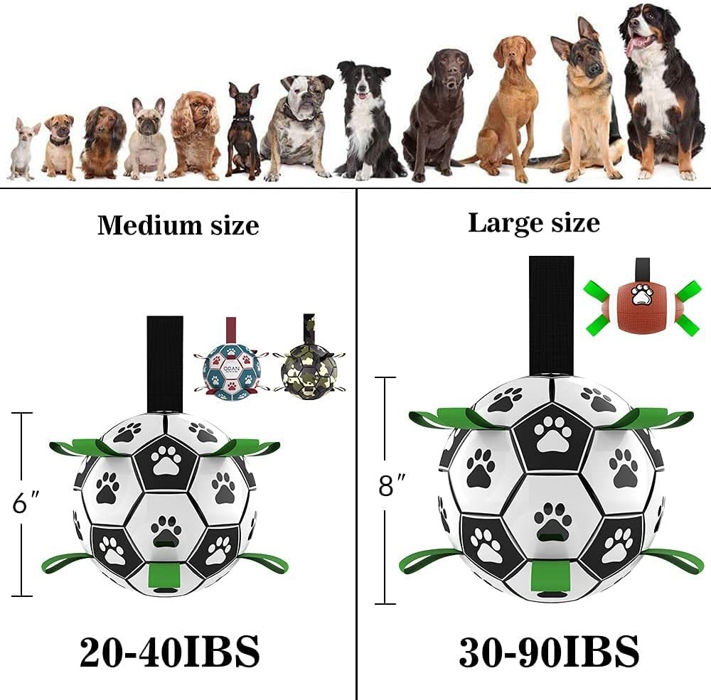 interactive dog soccer ball toy with paw prints shown with size chart and weight ranges for dogs.